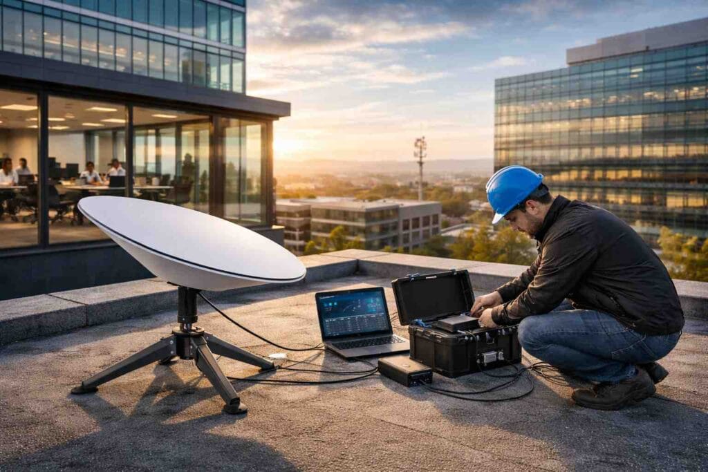 Starlink installation for business showing satellite dish setup on office rooftop for high-speed internet connectivity