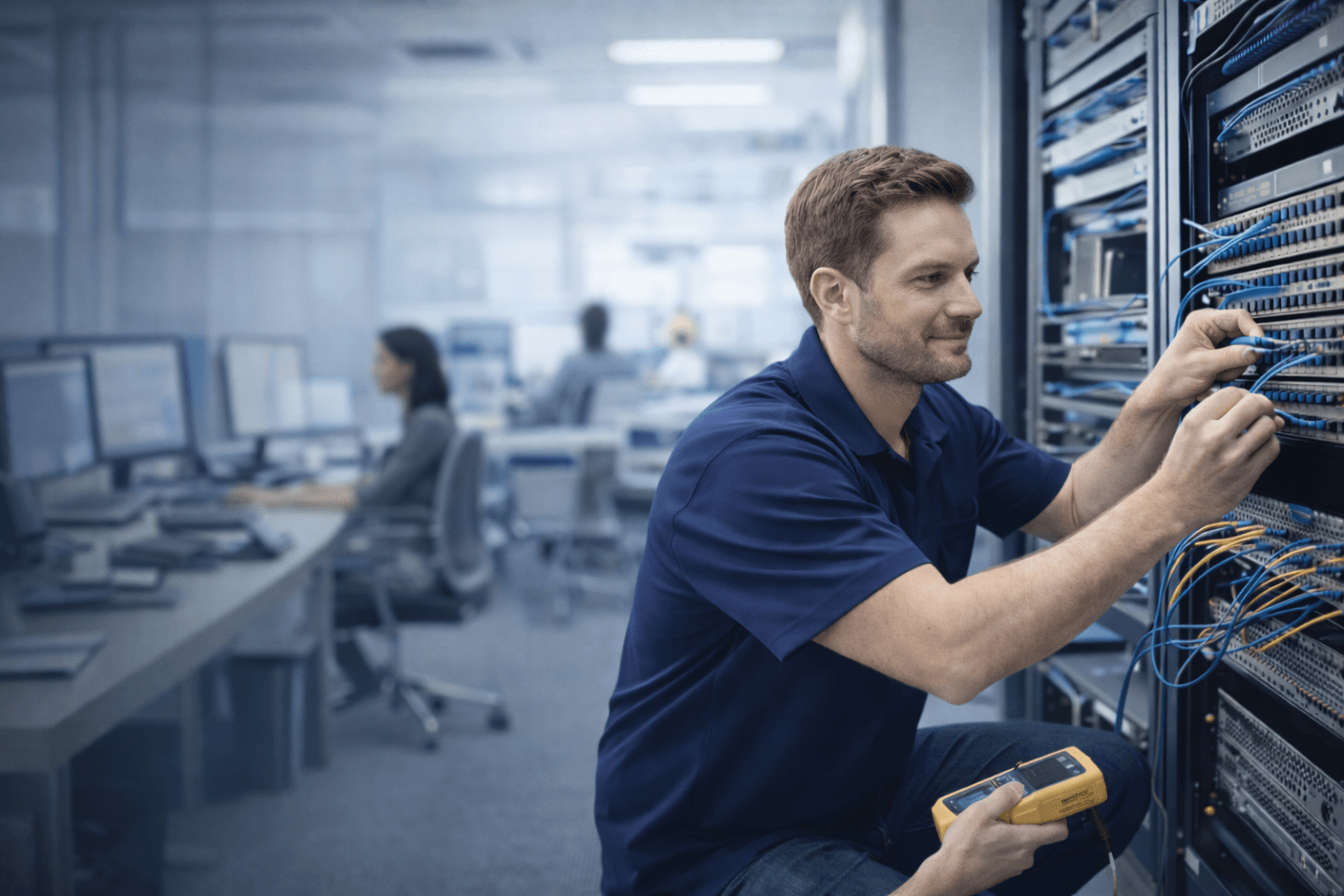 IT services in Westerville Ohio with a technician managing server and network infrastructure in a business environment