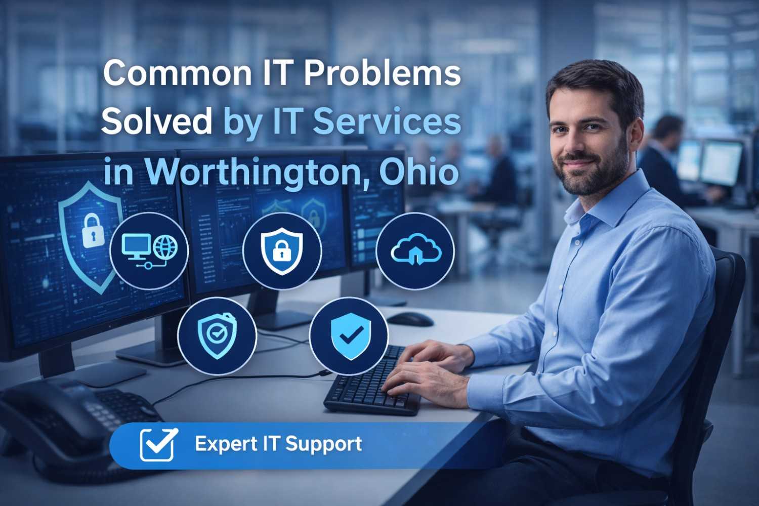 Common IT problems solved by IT services in Worthington, Ohio including cybersecurity, network support, and business IT solutions