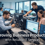 IT support team helping employees improve productivity in office