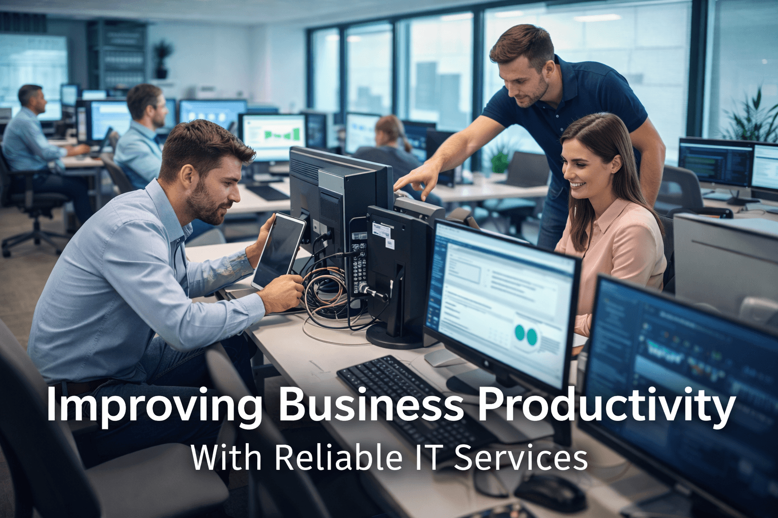 IT support team helping employees improve productivity in office