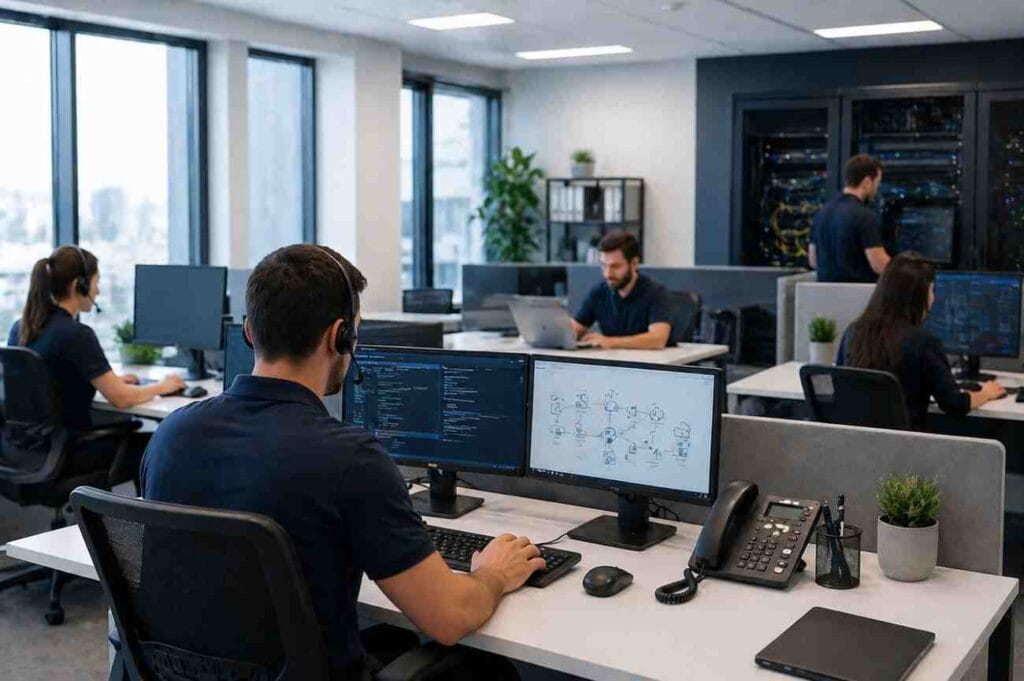 professional IT support team working on computers in modern office environment