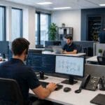 professional IT support team working on computers in modern office environment