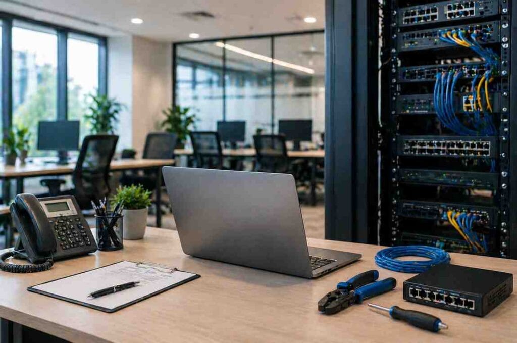 on-site IT support workspace with network equipment and modern office setup