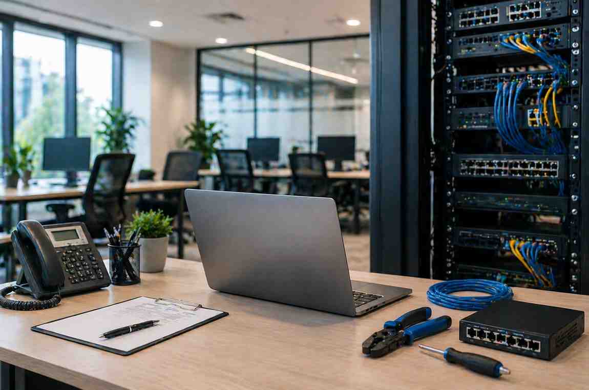 on-site IT support workspace with network equipment and modern office setup