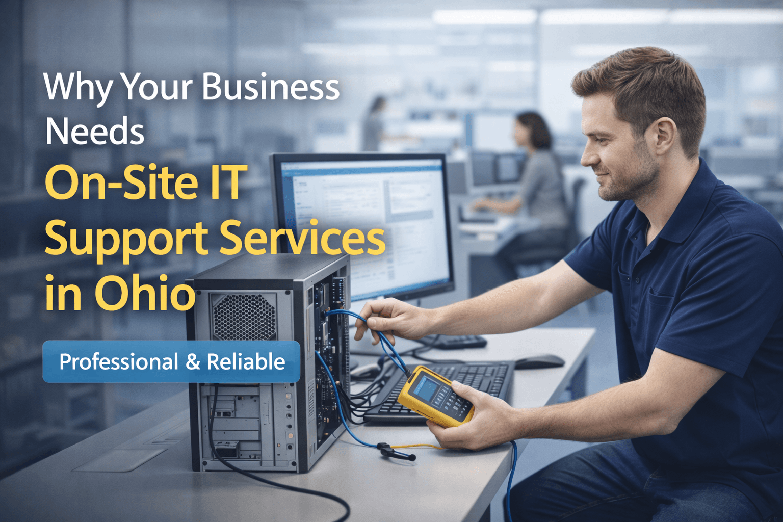 On-site IT support services in Ohio with a technician providing business IT setup and troubleshooting