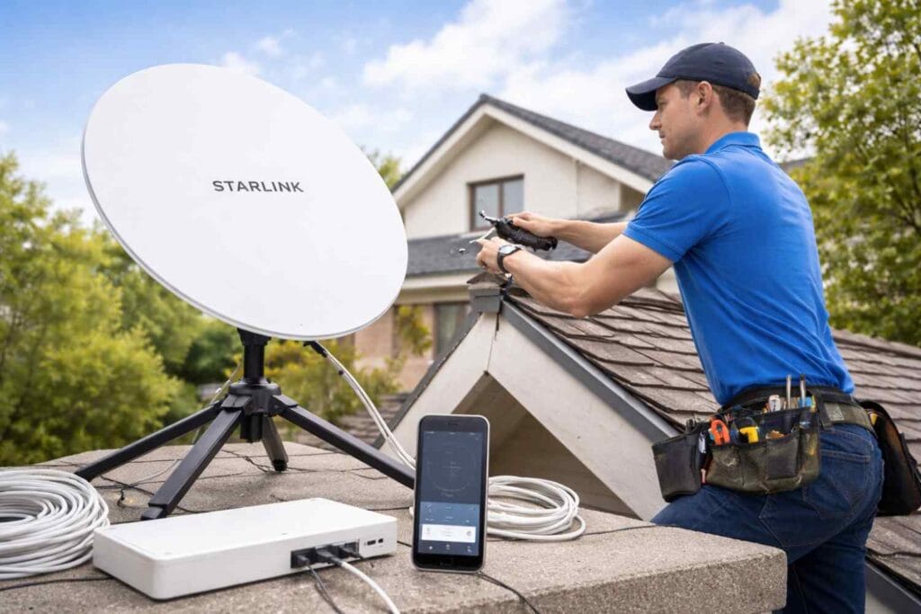 Starlink installation in Ohio with technician setting up satellite dish for high speed internet