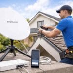 Starlink installation in Ohio with technician setting up satellite dish for high speed internet