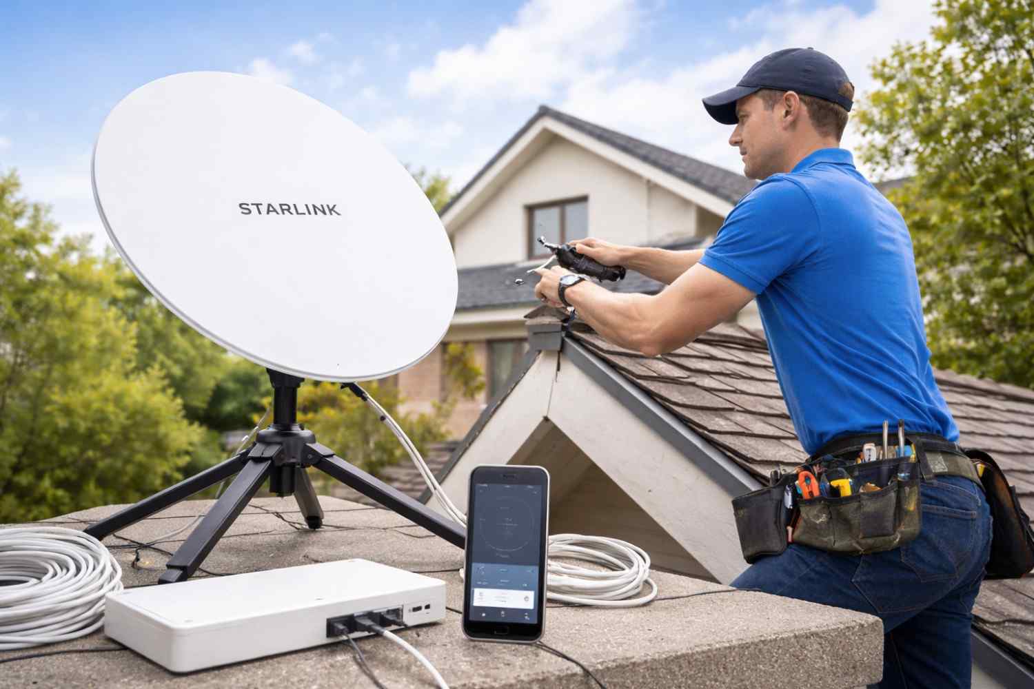 Starlink installation in Ohio with technician setting up satellite dish for high speed internet