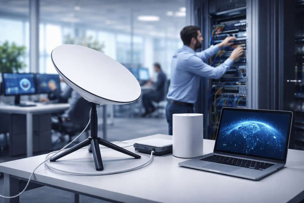 Starlink installation in Ohio office setup with satellite dish and structured cabling network system for business internet