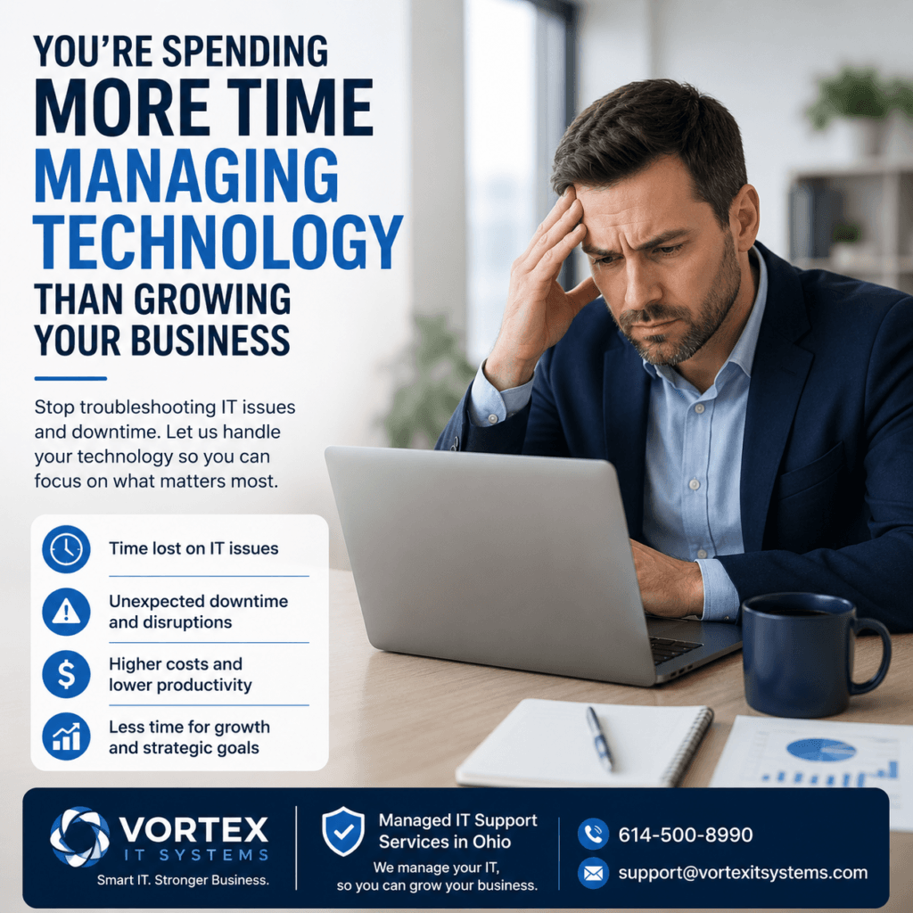 Business owner spending more time managing technology issues than growing the business, highlighting the need for managed IT support services and proactive IT management.