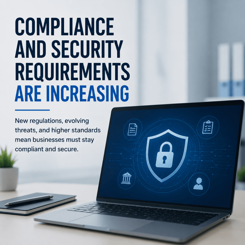 Compliance and security requirements are increasing for businesses, highlighting cybersecurity, data protection, regulatory compliance, and risk management solutions.