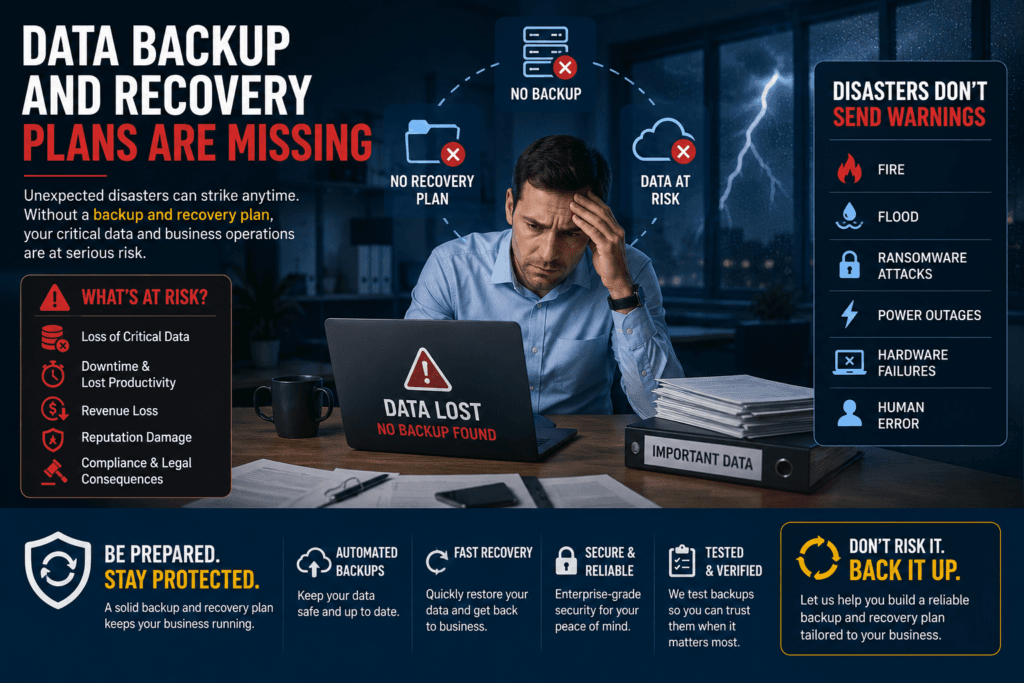 Data backup and recovery solutions protecting businesses from data loss, ransomware attacks, hardware failures, and unexpected disasters.