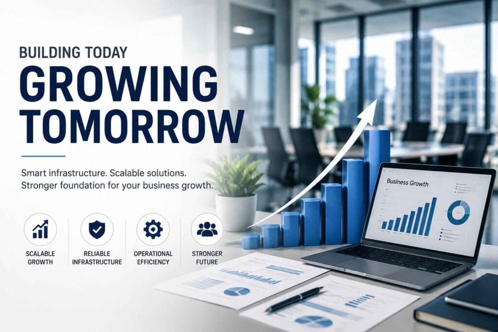 Infrastructure considerations for growing businesses including scalable technology, network performance, security, cloud solutions, and business growth planning.