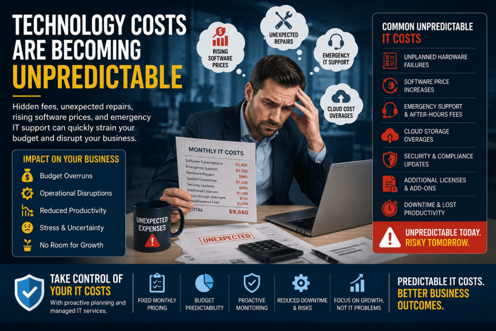Business owner struggling with unpredictable technology costs including software subscriptions, emergency IT support, cloud expenses, and hardware repairs.
