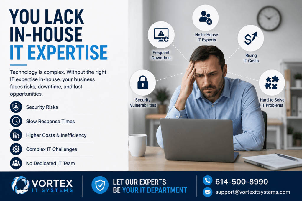 Business owner struggling with technology challenges due to lack of in-house IT expertise, highlighting the need for managed IT support services and professional technical assistance.