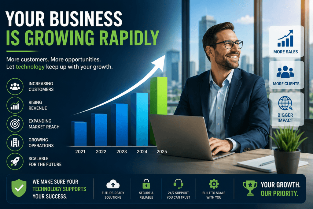 Business growth supported by managed IT services, scalable technology solutions, increasing customers, rising revenue, and expanding business operations.