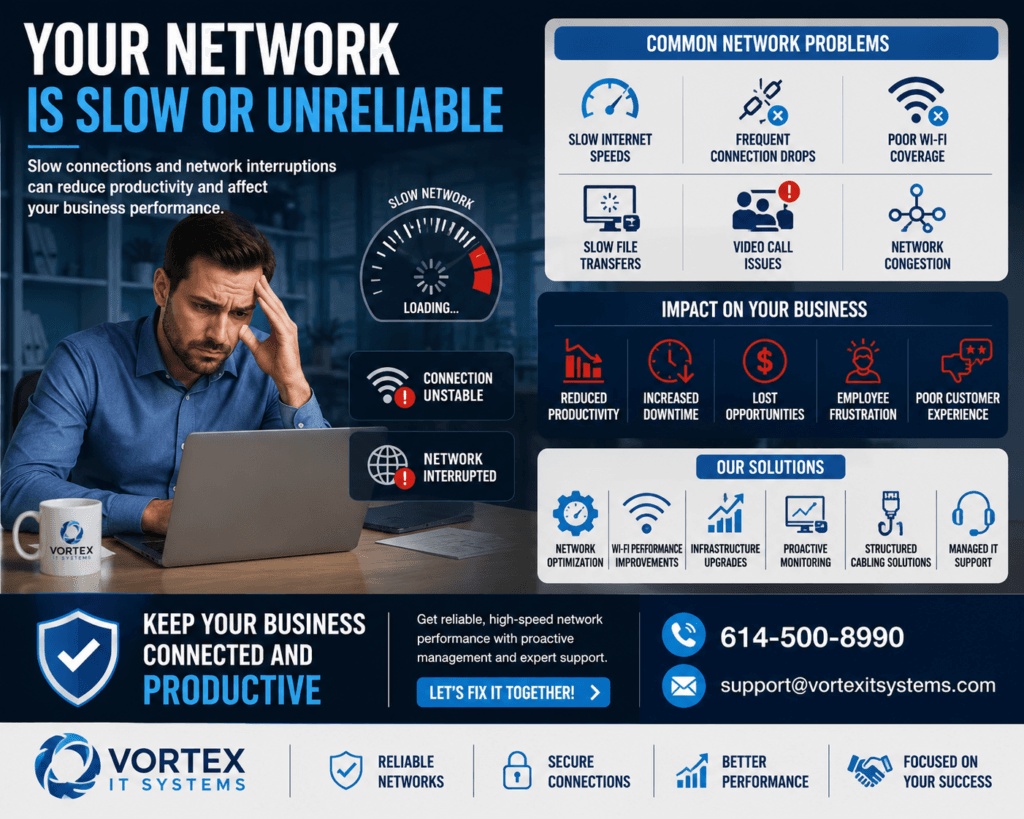 Slow and unreliable business network causing connectivity issues, slow internet speeds, network interruptions, video call problems, and reduced productivity.