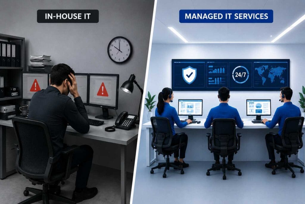 Managed IT Services vs In-House IT comparison showing business technology support, cybersecurity protection, and proactive IT management.