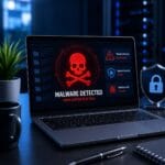 Malware attack illustration showing infected business laptop with cybersecurity threat warning