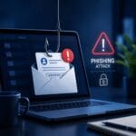 Phishing attack illustration showing a fraudulent email and cybersecurity warning on a business laptop