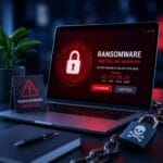 Ransomware attack illustration showing encrypted files and cybersecurity warning on a business laptop