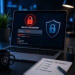 Weak password illustration showing an unsecured business login and cybersecurity warning