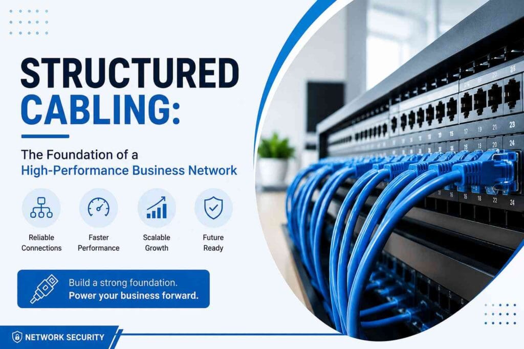 Structured cabling infrastructure with network switches and patch panels for a high-performance business network