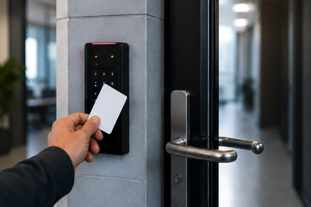 Commercial access control door with card reader for secure entry