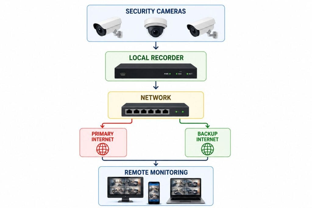 Business security system diagram showing security cameras, local recording, primary and backup internet connections, and remote monitoring.