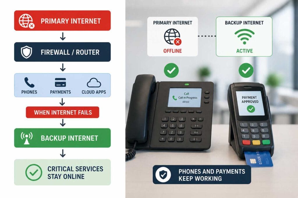 Backup internet diagram showing primary connection failure and automatic backup connectivity keeping business phones, payments, cloud apps, and critical services running.