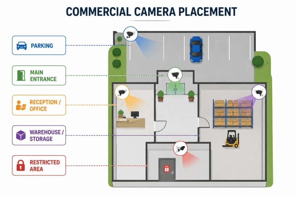 Commercial camera placement diagram for parking, entrance, office, warehouse and restricted areas