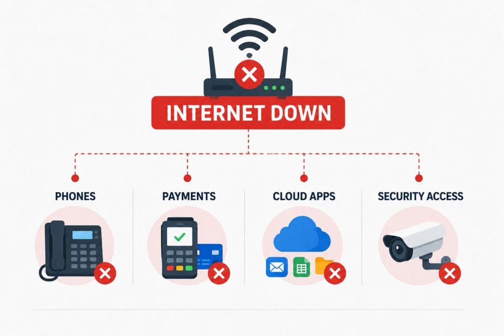 Business internet outage diagram showing phones, payments, cloud apps, and security access affected when internet goes down.