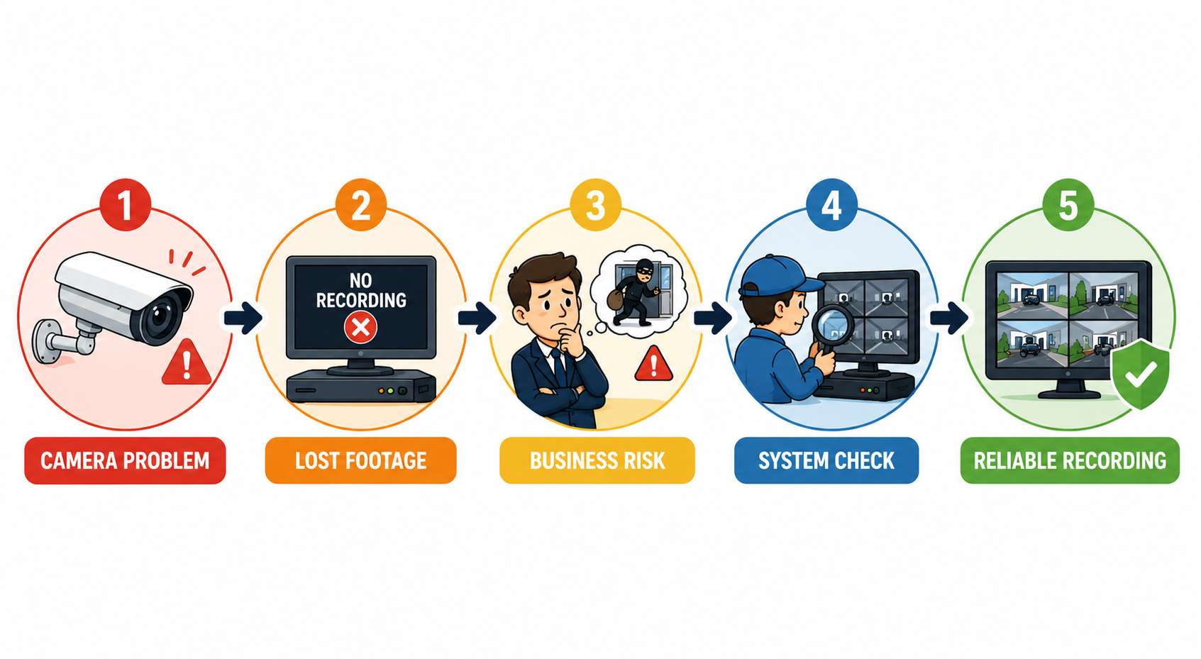 Security camera recording flow showing camera problem, lost footage, business risk, system check and reliable recording
