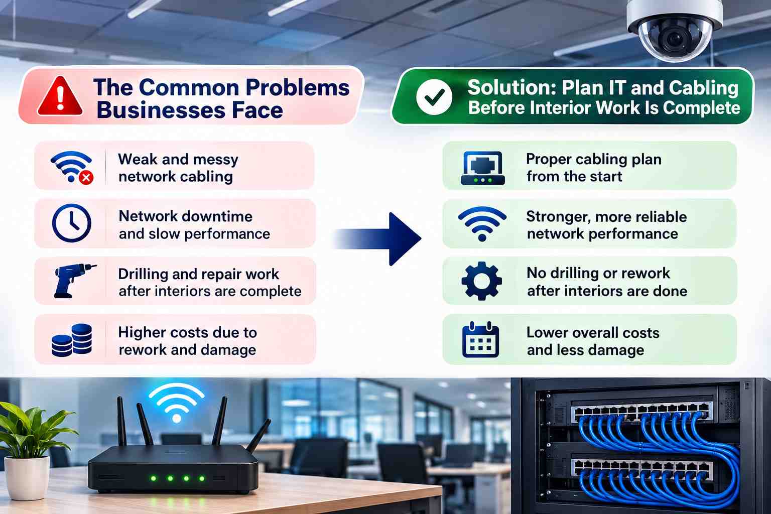 Comparison of common business IT cabling problems and planned network infrastructure solutions for a new office.