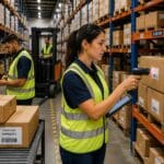 Warehouse employee scanning inventory with a handheld barcode scanner