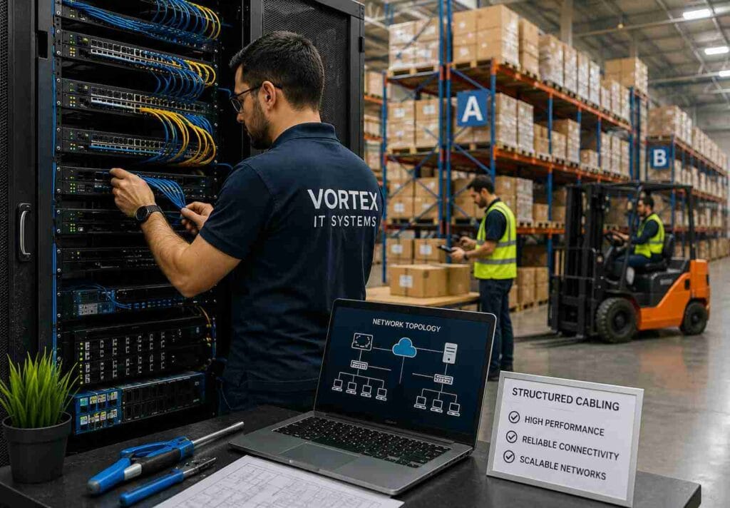IT engineer configuring warehouse network infrastructure with structured cabling and server rack