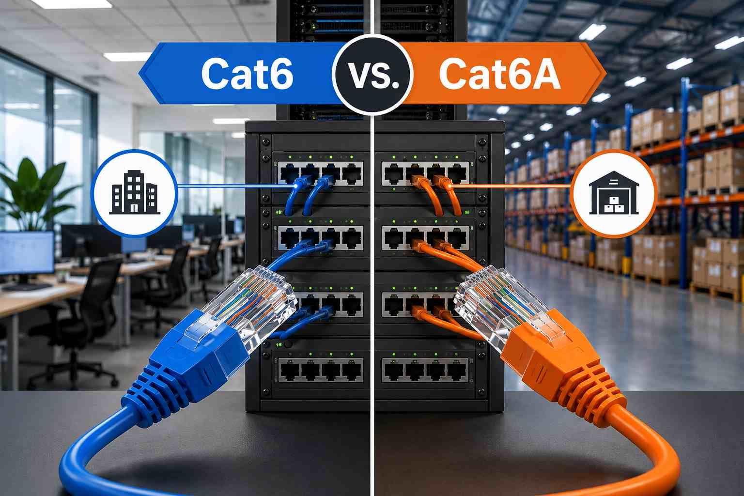 Cat6 vs Cat6A network cable comparison for office, warehouse and medical facility