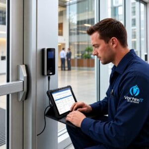 IT security professional installing a door access control system in an office