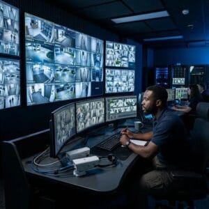 Security professional reviewing CCTV footage and security records
