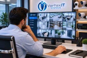 Business owner reviewing CCTV footage on a security monitor