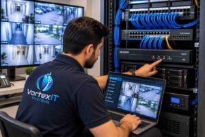 IT technician troubleshooting CCTV NVR and network equipment