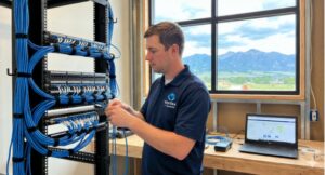 Technician checking network cabling and IT equipment in server room