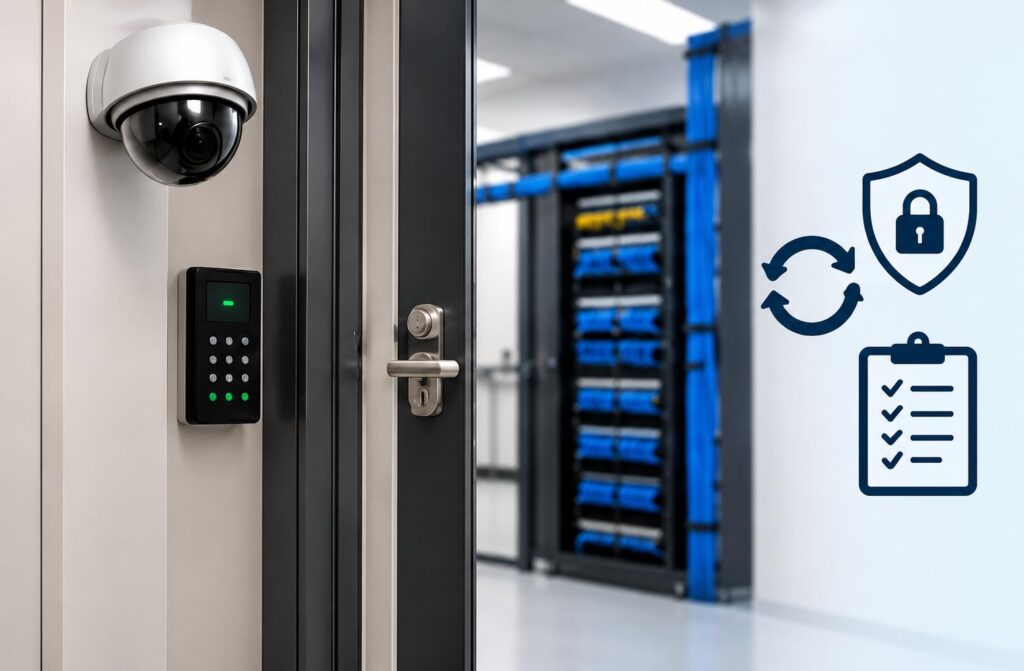 Business IT security system with CCTV camera, access control and server rack