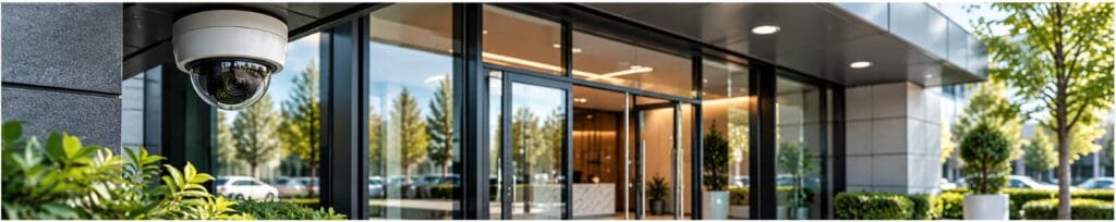 Security cameras monitoring main entrances and exits of a commercial building