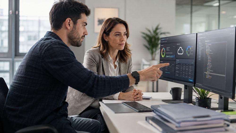 Business team reviewing a data backup plan on computer screens
