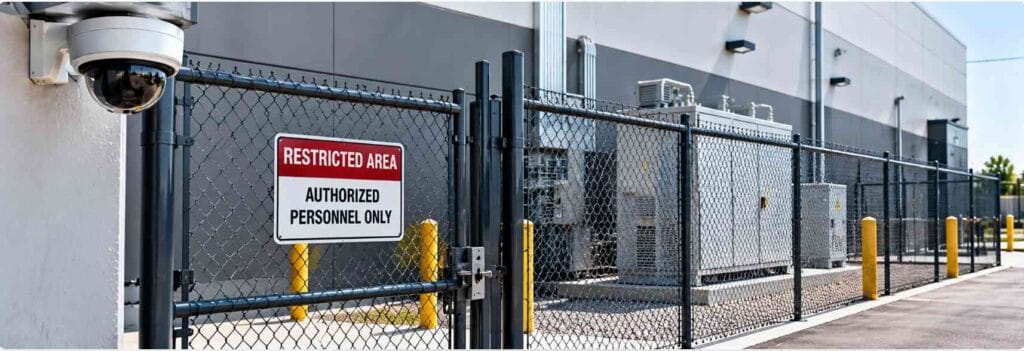 Security cameras monitoring restricted areas and valuable assets in a commercial facility