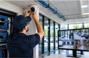Technician installing a security camera and connecting surveillance cabling in a commercial building