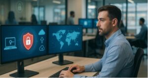 Business IT security monitoring system protecting company networks from cyber threats