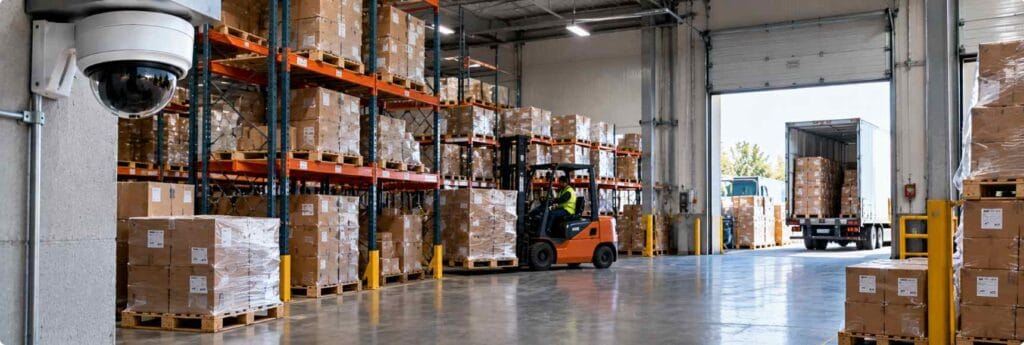 Security cameras monitoring warehouse inventory and storage areas